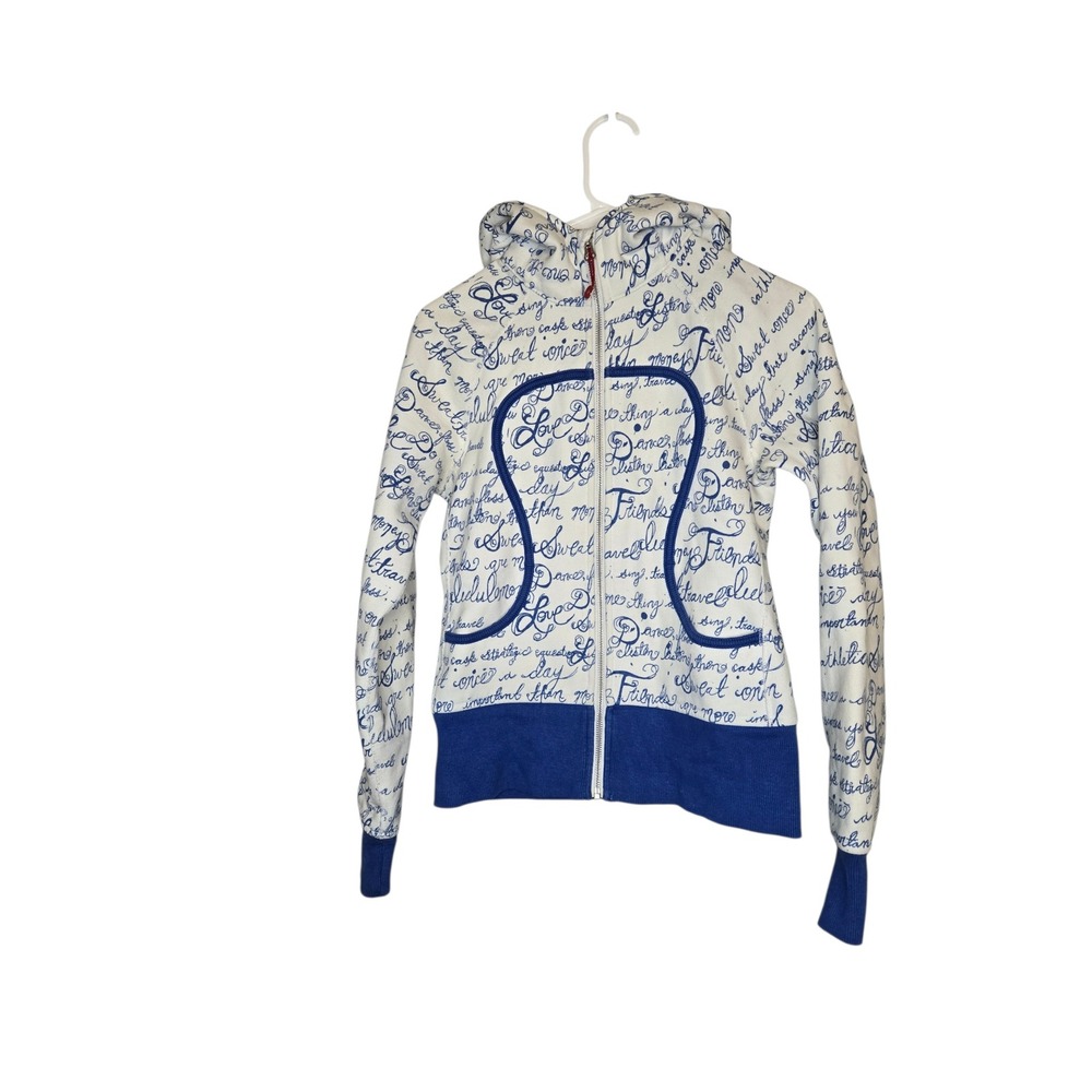 Lululemon Scuba‎ Hoodie Y2K Size 4 White Blue Script Print Full Zip Athletic